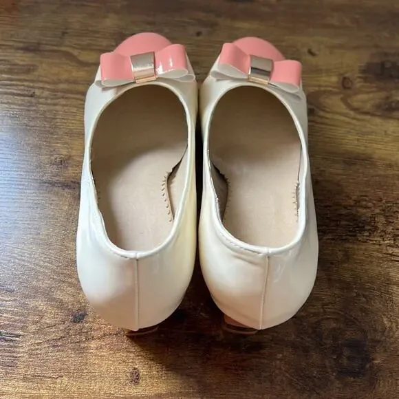 Ephemeral Retro Pin Up Baby Pink & Tan Patent Round Bow Toe Heels - Picture 8 of 12